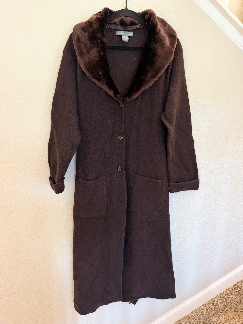 Jessica Holbrook 100% Wool Long Coat Faux Fur Shawl Collar Size Large